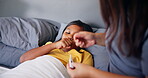 Sick, mother and child in home, coughing and thermometer for temperature of daughter, bedroom and illness. Mom, woman and caring for girl with flu, parent and kid with infection in apartment or fever