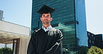 Student, graduation and face of man in city with degree, certificate or diploma scroll. Education, excited and portrait of male graduate with university achievement, goal or target in urban town.