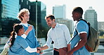 City, handshake and medical students meeting with professor for conversation, development or education. Healthcare, school and shaking hands with group of people downtown for college or university