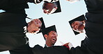 Happy, students and embrace at graduation outdoor of milestone, diploma achievement or celebration. Below, friends and support at award ceremony, learning success and congratulations on qualification