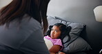 Fever, thermometer and mother with child in bedroom for helping, worry and temperature check. Illness, virus infection and cough with young girl and parent in family home for disease monitor and sick