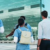 Back, city and medical students walking with professor for conversation ...