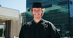 Student, graduation and face of man in town with degree, certificate or diploma scroll. Education, excited and portrait of male graduate with university achievement, goal or target in urban city.