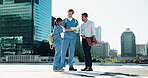City, medical or tablet with professor and students outdoor for conversation, development or education. Conversation, healthcare and medicine with group of people downtown for college or university