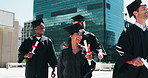City, education and graduation with student group outdoor for college or university ceremony. Buildings, certificate and qualification with graduates downtown for celebration of scholarship success