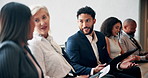 Business people, convention and audience in discussion, talking and brainstorming ideas with documents. Group, conference and crowd together for training, smile and networking at investment seminar