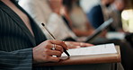 CV, waiting or hands of  businesswoman with resume in queue for hiring, survey or human resources. People, closeup or line for recruitment process, employment documents or job application opportunity