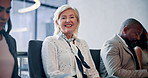 Happy, business and woman with face in interview for hiring, b2b preparation and human resources. People, smile and row for recruitment process, resume and audience for job application of opportunity