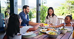 Family dinner, girl and parents with lunch for happy conversation, love or bonding together on patio. Father, mother and daughter for food, chat or relax with care, smile or laugh outside house