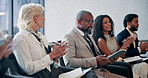 Excited business people, winner or applause in promotion, announcement or negotiation success at office. Group of employees, clapping and celebration for partnership, prize or workplace contract goal