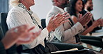 Business people, winner or clapping hands in promotion, announcement or negotiation success at office. Group of employees, applause and celebration for partnership, prize or workplace contract goal