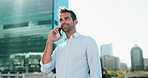 Happy, businessman and phone call in city for urban development, investment and deal. Low angle, investor and confident realtor talking on mobile communication for financial update or budget approval