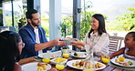 Family dinner, parents and serving with salad for happy conversation, love or bonding together on patio. Father, mother and daughter for lunch, chat or relax with care, smile or laugh outside house