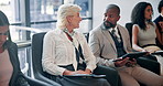 Business, people and talk with document for interview answers, agreement and legal information. Woman, helping and paperwork with recruitment process, hiring application and survey of job opportunity