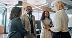 Business people, shaking hands and group in lobby for meeting, hello or introduction at corporate law firm. Women, man and attorney team with handshake, welcome or excited for collaboration at agency