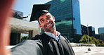 Selfie, man and face of graduate in city excited for future, qualification or education achievement. Happy, target and portrait of male student with photography picture for university goal in town.