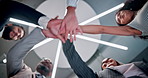 Team building, support and hands of business people in huddle for collaboration, partnership or community. Pile, low angle and happy group of workers with smile, mission goals or target together
