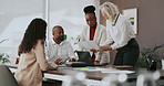 Tablet, documents and business people in meeting, team and ad agency with feedback for project. Group, technology and employees in workplace, laptop and report for sales growth and profit increase