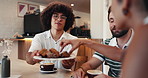 Friends, people and eating cake in cafe for taste test, dessert discussion or new flavor approval. Local support, group and muffin in coffee shop with feedback, applause and delicious chocolate treat