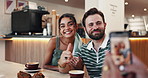 Cafe, couple of friends and photo together with thumbs up, peace sign and bonding on coffee date. Restaurant, people or screen for happy memory, social media post or profile picture update with relax
