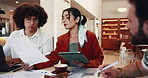 People, cafe and paperwork to check sales, manager and team update for restaurant inventory. Coffee shop, explaining market research and documents for hospitality service target, stock and statistics