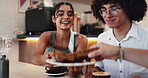 Friends, people and happy with cake in cafe for taste test, new dessert recipe or flavor approval. Local support, group and bonding in coffee shop with feedback, brunch and delicious chocolate treat