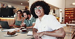 Business face, smile and man with meeting in cafe for remote work, project notes and collaboration. Entrepreneur team, startup management and brainstorming in bistro for creative ideas and strategy