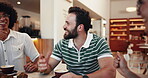 Friends, restaurant and talking with tea, laughing and love in friendship for social security. People, cafe and funny conversation for bonding together in bistro reunion, humor and communication