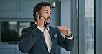 Businessman, window and corporate discussion with phone call for proposal or improvement. Man, employee or company advisor talking with mobile smartphone for business conversation or negotiation
