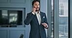 Businessman, window and discussion with phone call for proposal or corporate improvement. Man, employee or company advisor talking with mobile smartphone for business conversation or negotiation