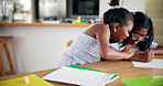 Homework, cheating and children siblings for education, support and care for preschool, learning and growth. Copy, girls and kids writing on book for knowledge, math and skills in child development