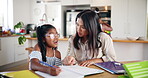 Homework, girl and mom with child for education, support and care for preschool, learning and growth. Mother, single parent and female kid writing on book for knowledge, math and skills development