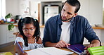 Homework, girl and dad with kid for learning, support and care for studying, education and growth. Father, single parent and female child writing in book for knowledge, math and skills development