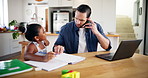 Dad, child and phone call with laptop for homework, multitasking or communication at home. Father, daughter or helping kid with book for education or learning in remote work or discussion at house