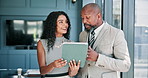 Office, business people and smile with tablet for discussion, finance and investment research. Teamwork, mature investor and financial advisor with tech for risk management, report review and advice