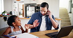 Remote work, father and girl with book, phone call and energy with deadline, education and distracted. Dad, pc and daughter with adhd, child or learning with autism, questions and attention in home