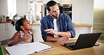 Remote work, father and girl with attention, laptop and energy with deadline, home and questions. Dad, daughter and computer with adhd, child or learning with autism, smile and distracted in home