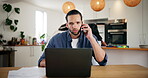 Home, man and laptop with phone call for discussion, loan consult and customer enquiry. Kitchen, male person or talking with mobile for banking service, problem solving or account for financial bills