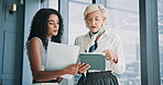 Office, business people and documents with tablet for feedback, teamwork or investment research. Women, financial advisor or mature investor with tech for risk management, report review or discussion