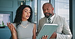 Office, business people and solution with tablet for discussion, finance and investment research. Team, mature investor and financial advisor with tech for risk management, report and problem solving