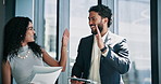 Business people, tablet or documents with high five for success, winning or teamwork at office. Businessman, woman or coworkers with smile, paperwork or technology for good news together at workplace