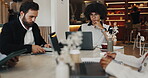 Colleagues, cafe and man with laptop, group and planning for project with tech, sales manager or research. Corporate, employees and online for collaboration in restaurant, serious and people with web