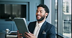 Tablet, video call and businessman in office with communication for stock market with investment. Digital technology, contact and financial manager on virtual meeting for finance proposal approval.