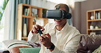 Man, controller and vr for games at house of racing sports, play online and gaming experience. Male gamer, equipment and virtual reality for streaming esports, futuristic metaverse and entertainment
