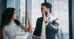 Happy, business people or tablet with documents or high five for teamwork success or winning at office. Businessman, woman or coworkers with paperwork or technology for good news or deal at workplace