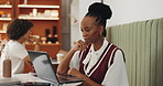 Thinking, planning or woman in cafe with laptop for small business review, ratings or hospitality task. Restaurant schedule, online and coffee shop budget with ideas for profit, research or feedback