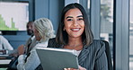Business people, face or woman with tablet, smile or financial consultant with economy analyst. Portrait, accounting or employee in workplace, tech or charts for profit growth, internet or connection