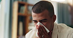 Sick man, flu and blowing nose with tissue, allergy or viral infection for sinus or virus at home. Male person, influenza or cold with hayfever, cough or sneeze for mucus, bacteria or germs at house