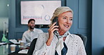 Phone call, meeting and mature business woman for contact, online discussion and communication. Corporate, professional and manager with team on smartphone for financial consulting, advice and chat