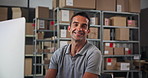 Warehouse, shipping and face of man with boxes on computer for delivery, logistics and distribution. Ecommerce, business and portrait of person on pc for supply chain, online shopping and inventory